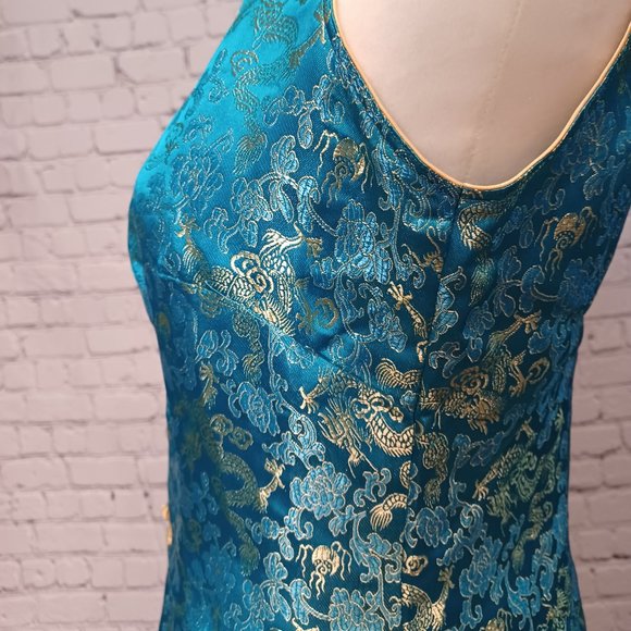 Dragon Brocade Turquoise & Gold Vietnamese Blouse Medium - Picture 7 of 10